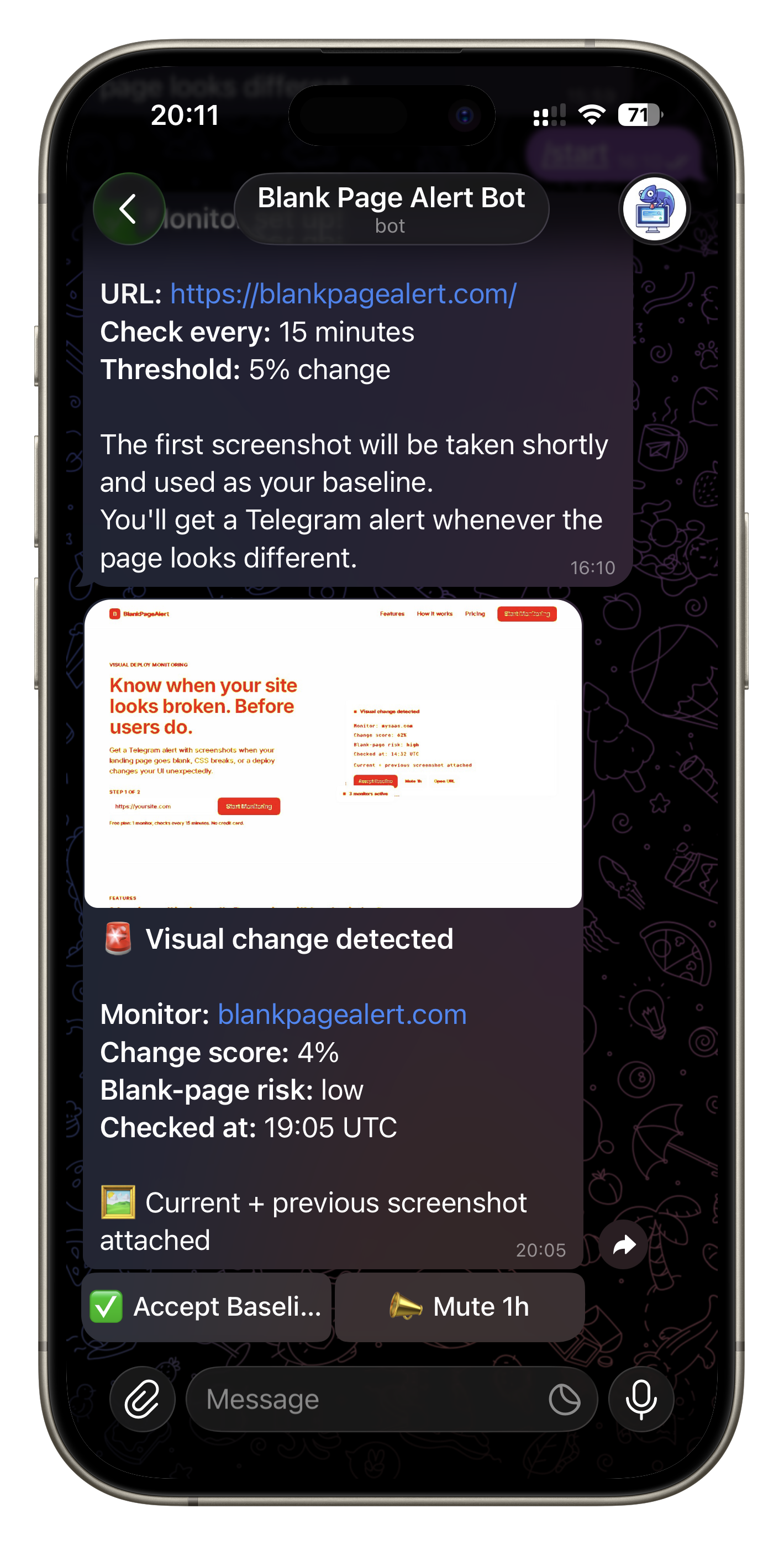 BlankPageAlert Telegram notification showing a visual change detected